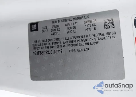 2018 Chevrolet Camaro 1Lt z USA, uszkodzony, nr VIN 1G1FB3DS2J0100712